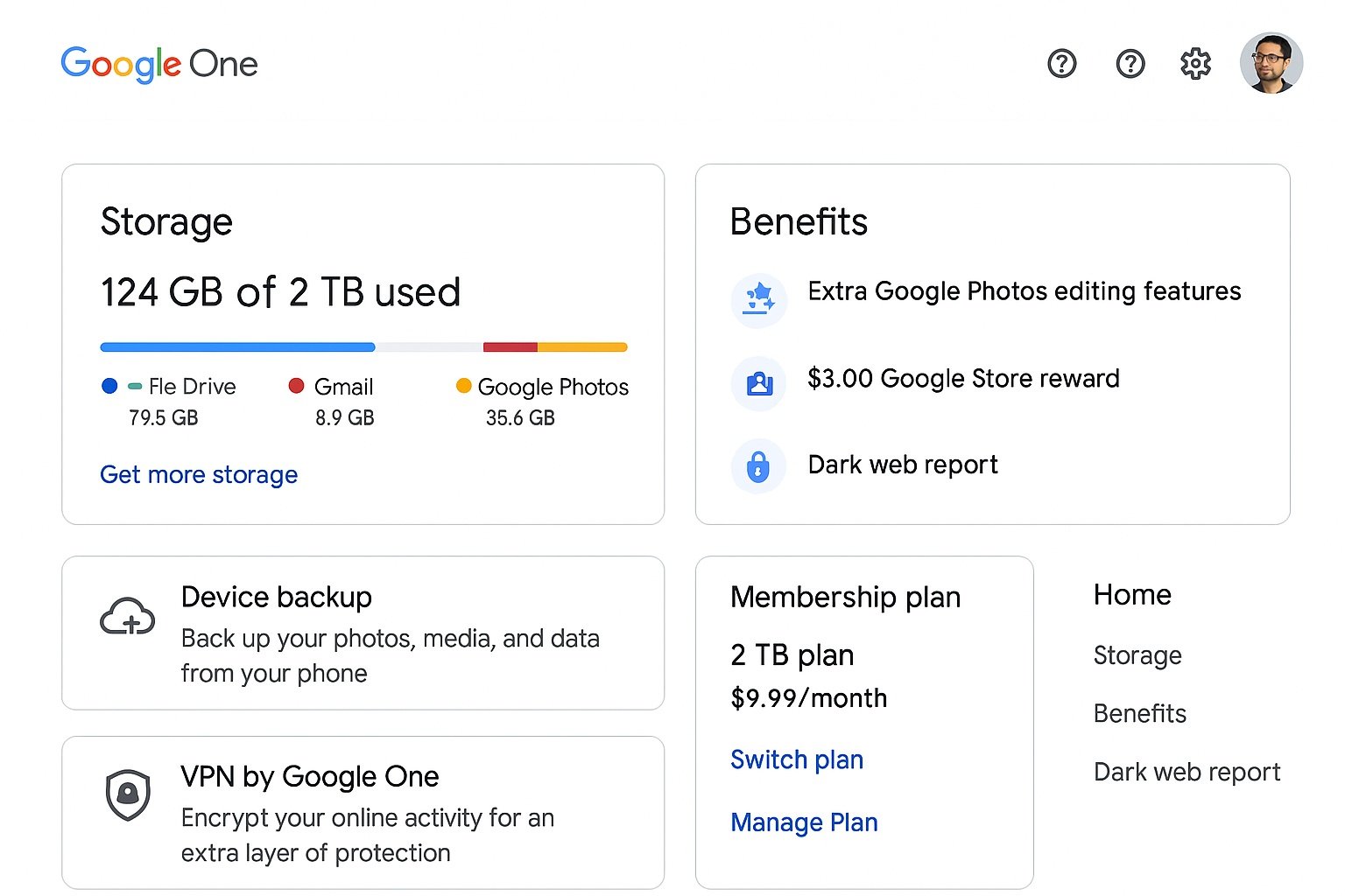 Google One storage plans view