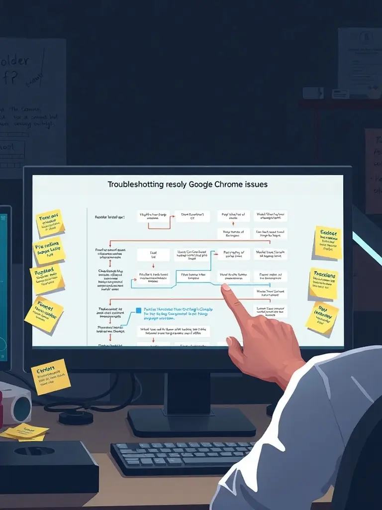 A troubleshooting flowchart displayed on a monitor, with a user referencing it while resolving a Google Chrome issue, surrounded by sticky notes.