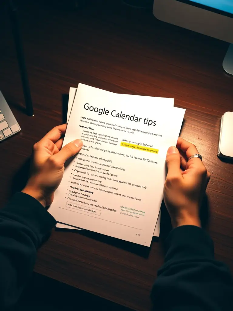 A close-up of hands holding a printed PDF guide titled 'Google Calendar Tips', with highlighted sections and notes, on a tidy desk.