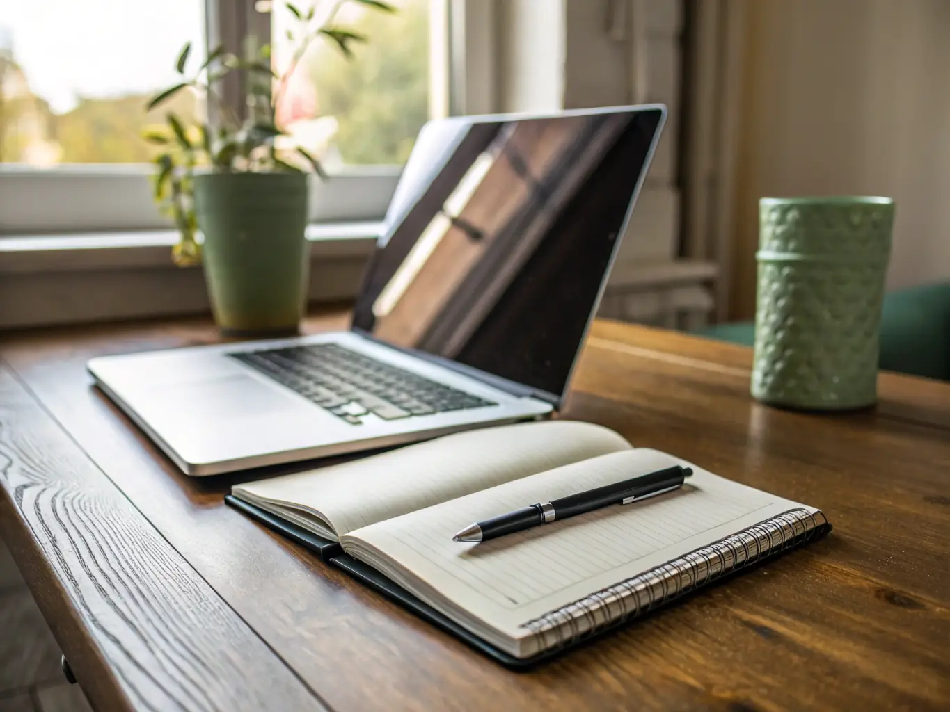 A high-resolution image of a laptop displaying Google Drive, Google Docs, and Google Sheets open on the screen, with a notepad and pen beside it, representing productivity tools for Google users.