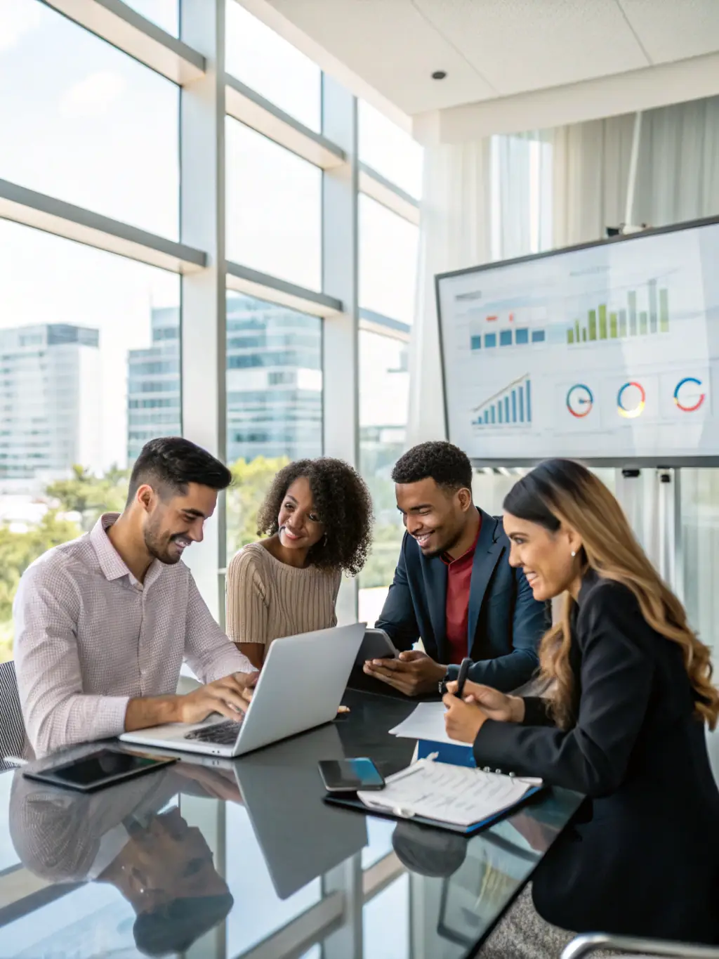 A collaborative office setting with people using Google Docs, Sheets, and Meet on various devices, highlighting teamwork and productivity.