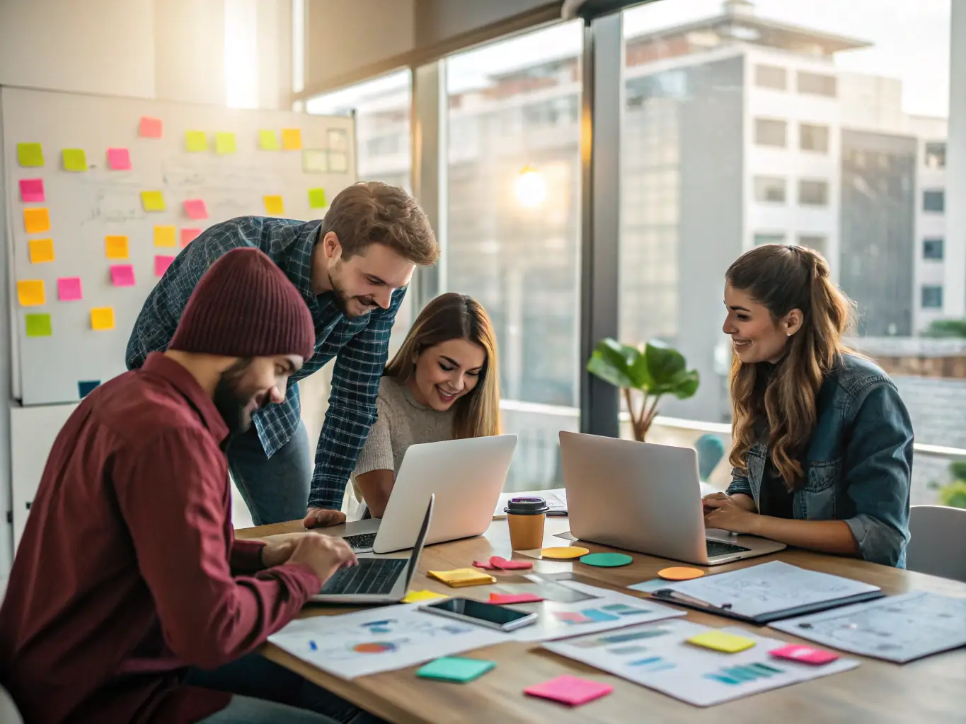 A collaborative workspace scene showing people using Google Docs, Sheets, and Drive on laptops and tablets, symbolizing teamwork and productivity in a digital environment.