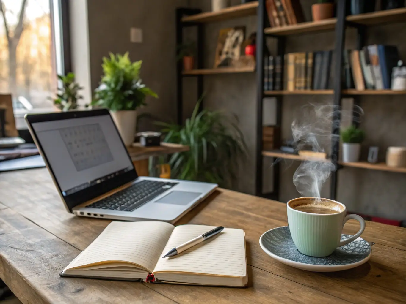 A friendly workspace scene with a laptop displaying a Google Docs tutorial, a notepad, and a cup of coffee, representing a beginner learning environment for Google productivity tools.