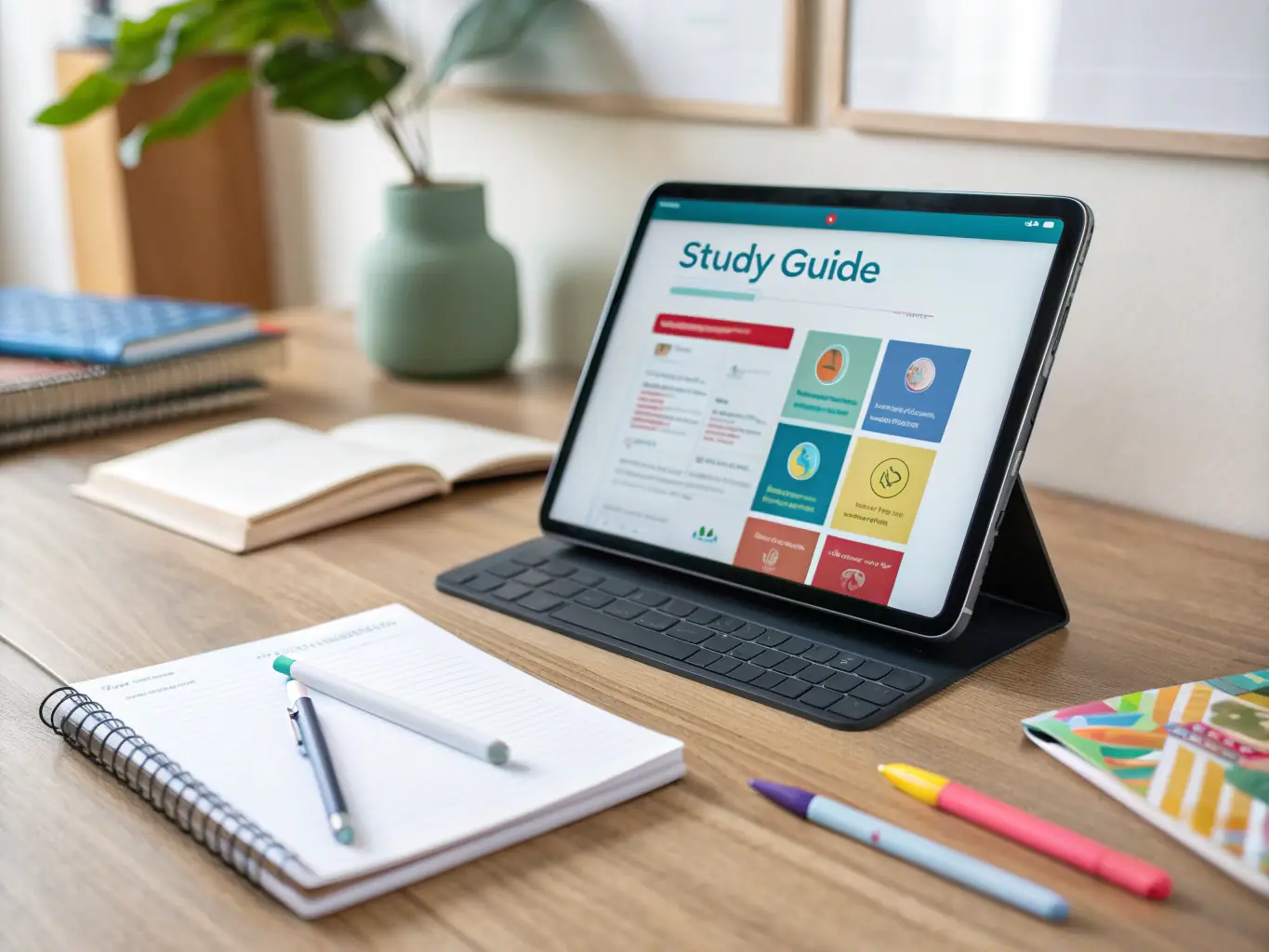 A close-up of a tablet showing a step-by-step Google Sheets tutorial, with highlighted cells and instructional pop-ups, set on a modern desk with colorful stationery.